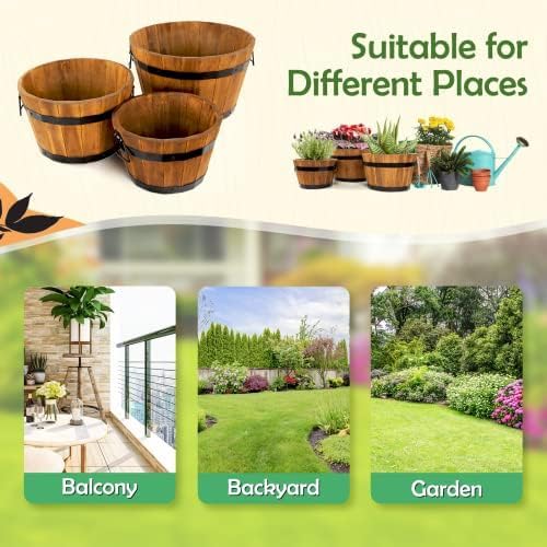 IDZO Set of 3 Wooden Upgraded Brown Orange Flower Boxes Outdoor, Durable Acacia Wood Barrel Planters for Outdoor Plants with Ergonomic Handles, Drainage Holes, Multiple Sizes Wood Bucket Planter-VerdiqueGarden