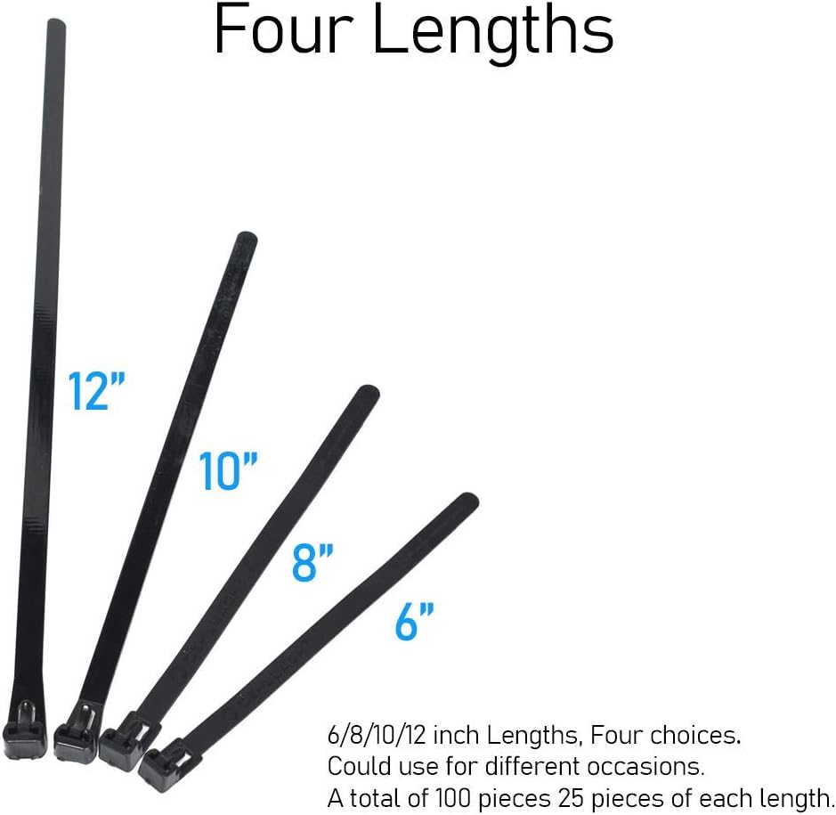 Reusable Zip Ties, 100 Pcs Assorted Fastening Cable Zip Ties 6" 8" 10" 12" Four Length Heavy Duty Nylon Self Locking Wire Ties-VerdiqueGarden
