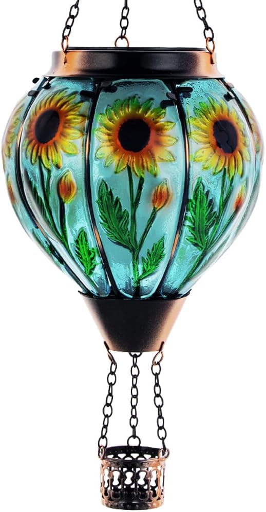 Starsoul Sunflower Hot Air Balloon Solar Lantern - Glass Outdoor Flickering Flame Light, Waterproof Hanging Lamp for Garden, Patio, Yard, Party Decor-VerdiqueGarden