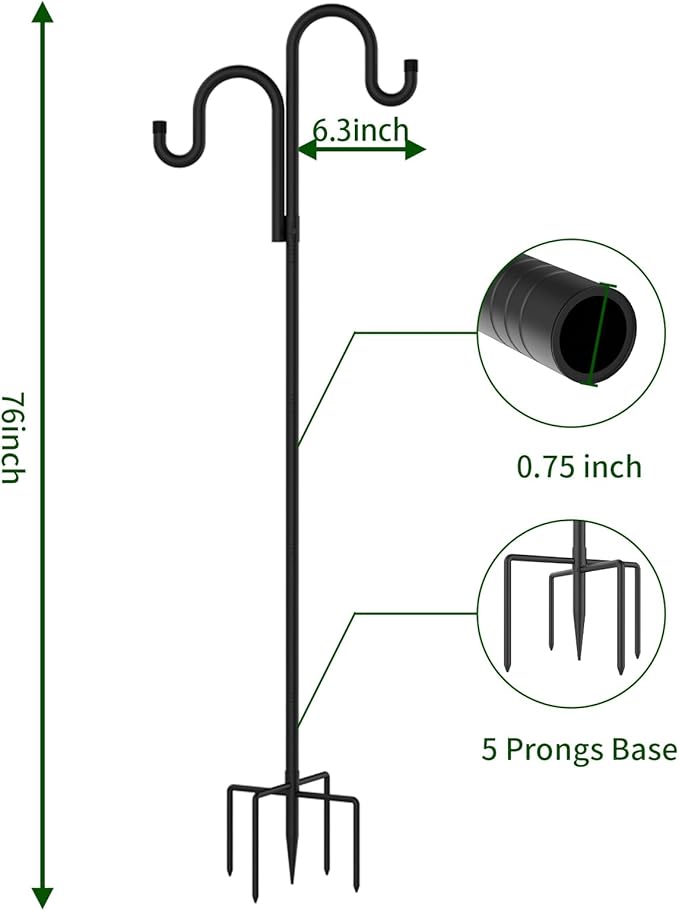 Double Shepherds Hooks for Outdoor, Bird Feeder Pole with 5 Prongs Base, Heavy Duty Garden Hook for Lantern, Wind Chime and Hummingbird Feeder, 76 Inch, 2 Pack-VerdiqueGarden