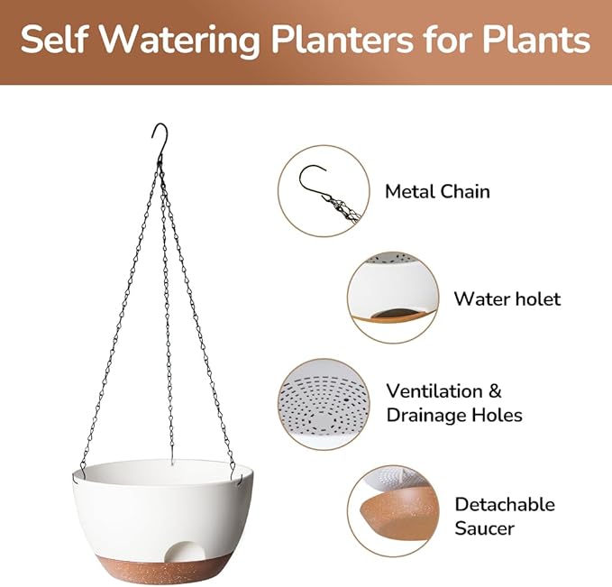 12 Inch Hanging Baskets for Plants Outdoor, Hanging Planters for Indoor Outdoor Plants, Hanging Planter with Self Watering, Hanging Flower Pots (White)-VerdiqueGarden