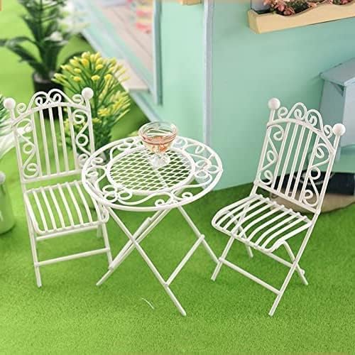 Dollhouse Miniature Bistro Table & Chairs Set Accessories Metal 1:12 Scale Miniatures White Coffee/Tea Furniture Fairy Garden Cute Rustic Elegant Decorations Ornaments (C)-VerdiqueGarden
