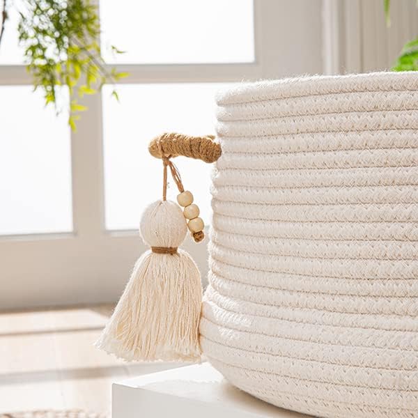 KAKAMAY Woven Baskets for Storage(16"x8"),Blanket Basket for Organizing Living Room,Cotton Rope Basket Woven Baby Laundry Hamper,Collapsible Laundry Room Organization,Clothes,Toy Chest(White)-VerdiqueGarden