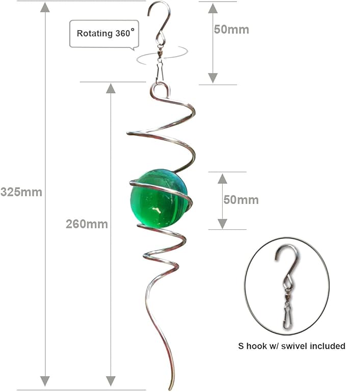 FONMY Gazing Ball Spiral Tail Wind Spinner Stabilizer with Swivel Hook 11inch Stainless Steel Tail and 2 inch Green Glass Orb. Indoor Outdoor Garden Decoration Hanging Ornaments 13 inch Height-VerdiqueGarden