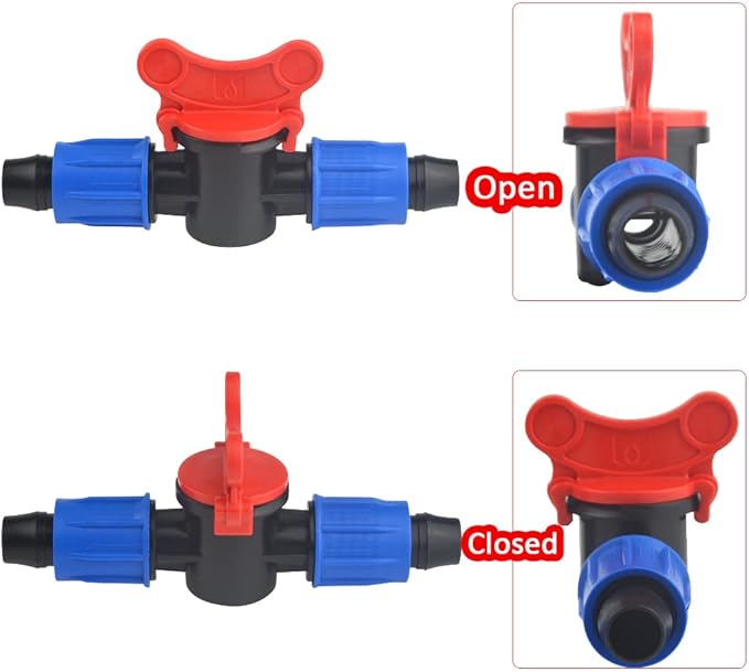 10Pack 1/2 Inch Drip Irrigation Shut-Off Valve Universal Drip Irrigation Tubing Coupling Valve Drip Connector Fitting Compatible with 16 to 17 mm Drip Tape Tubing Sprinkler System (Blue Red)-VerdiqueGarden