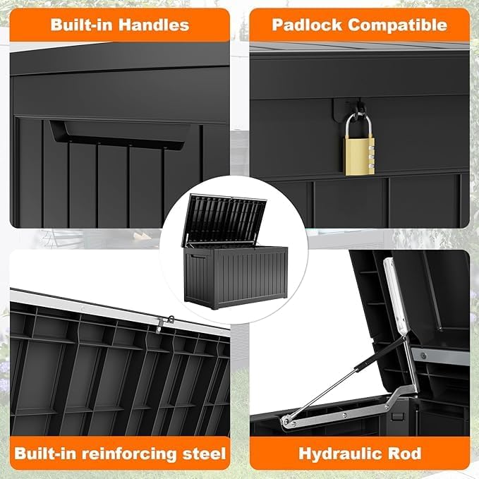 230 Gallon Resin Deck Box, Lockable Patio Outdoor Storage Box for Furniture, Garden Tools and Tools Storage, Waterproof Outside Storage Boxes - Black-VerdiqueGarden