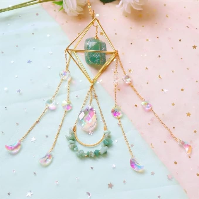 Crystal Suncatchers for Windows, Green Fluorite Gemstone Sun Catcher Hanging, Spiritual, Rainbow Maker, Crystal Boho Decor Indoor Outdoor, Natural Stone (Green Fluorite)-VerdiqueGarden