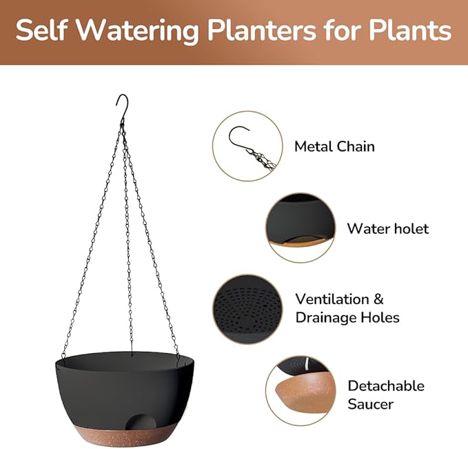 12 Inch Hanging Baskets for Plants Outdoor, Hanging Planters for Indoor Outdoor Plants, Hanging Planter with Self Watering, Hanging Flower Pots (Black)-VerdiqueGarden