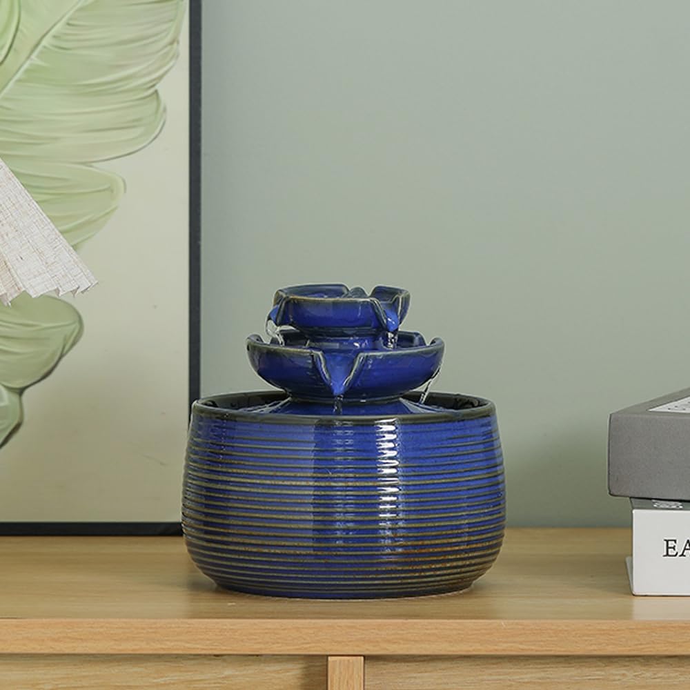 Outdoor and Indoor Water Feature Fountain Waterfall Tabletop Desktop mini Ceramic Garden Fountain (Blue A171)-VerdiqueGarden
