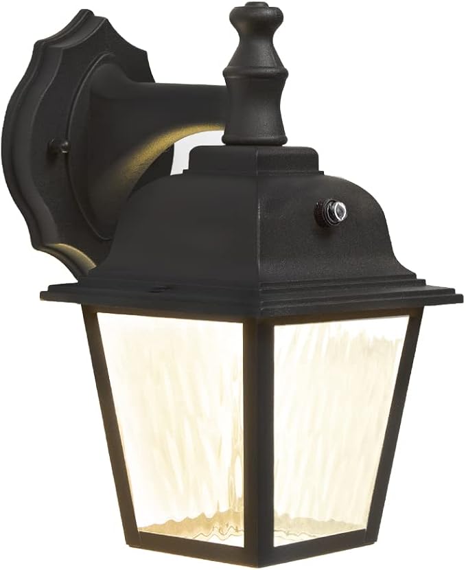Maxxima LED Porch Lantern Outdoor Wall Light Fixture - Black, Clear Water Glass, Photocell Sensor, 875 Lumens, 3000K Warm White, Dusk to Dawn Light Sensor, Exterior Decorative Light-VerdiqueGarden