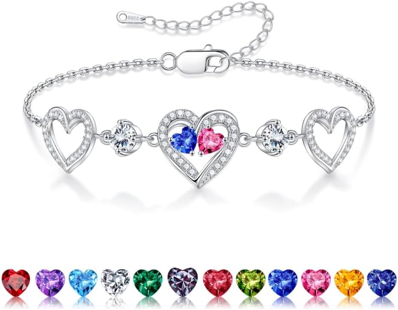 Iefil Valentines Day Gifts for Her - 925 Sterling Silver Heart Birthstone Bracelet Birthday Anniversary Jewelry Gifts for Her Wife