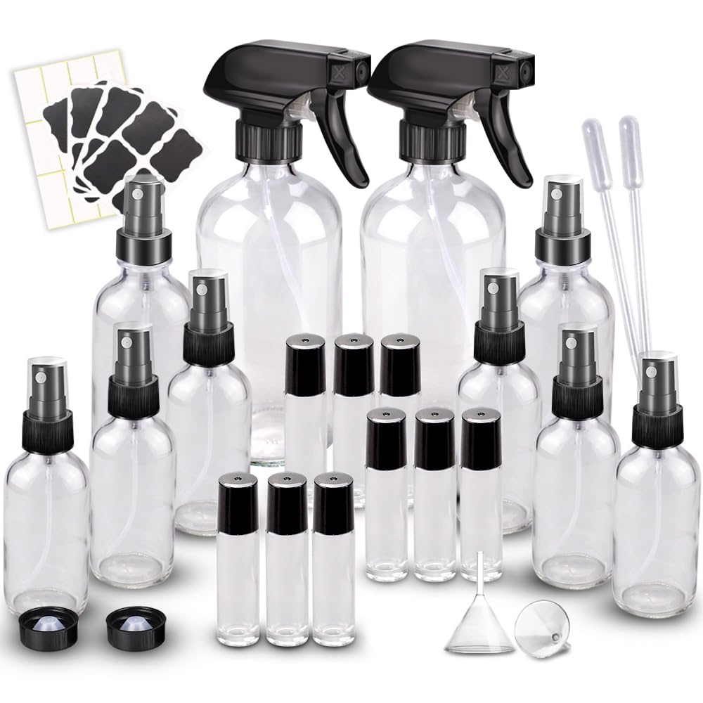 Glass Spray Bottle Kit×10 (2×16 oz, 2×4 oz, 6×2 oz), 9×10 ml Roller Bottles, Anti UV, Multi Size and Versatile, Suitable for Aromatherapy, Facial Moisturizing, Watering, etc.(Clear)-VerdiqueGarden