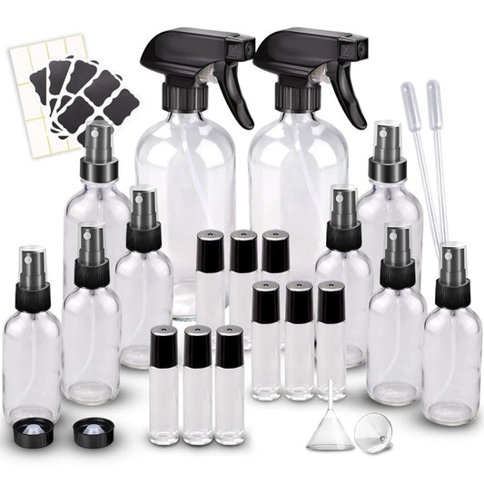 Glass Spray Bottle Kit×10 (2×16 oz, 2×4 oz, 6×2 oz), 9×10 ml Roller Bottles, Anti UV, Multi Size and Versatile, Suitable for Aromatherapy, Facial Moisturizing, Watering, etc.(Clear)-VerdiqueGarden