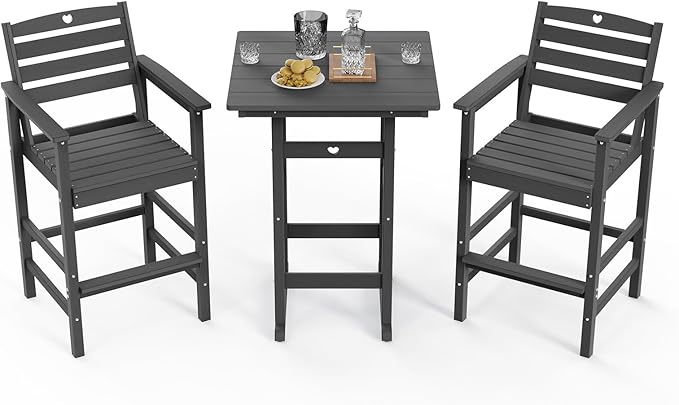 3-Piece HDPE Outdoor Bar, Outdoor Bar Stools and Outdoor Bar Table with Heart Cutout Design, All Weather Bistro Set Outdoor for Patio, Porch, Pool (Grey)-VerdiqueGarden