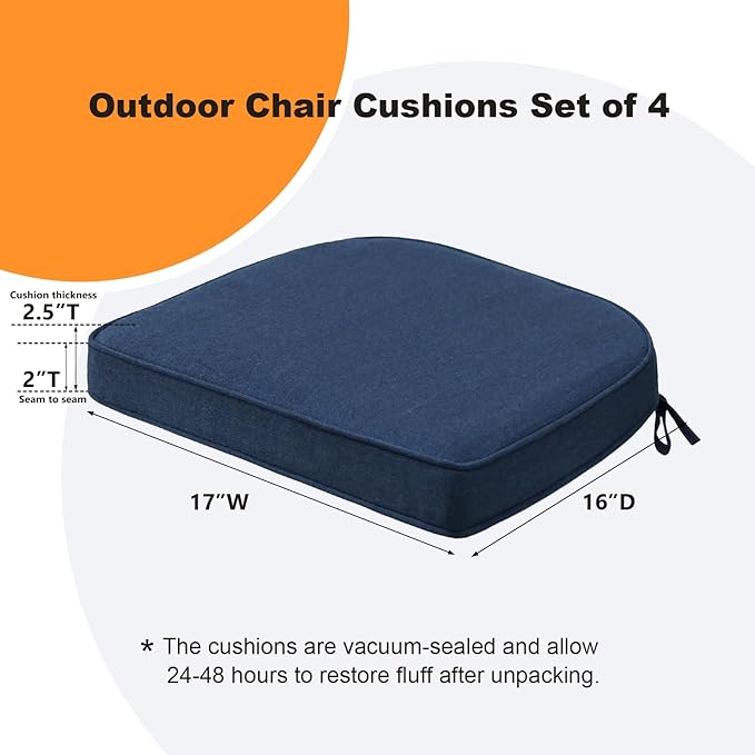 Sunbrella Round Corner Seat Cushions, 17" x 16" x 2", Set of 4, Indoor Outdoor Water Repellent Universal Chair Pads with Ties for Patio Furniture, Garden Dining Chairs, Specrtum Indigo-VerdiqueGarden