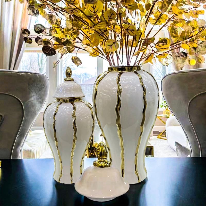 Ginger Jar, White Gold Ceramic Vase Large Handmade Porcelain Vases with Lid, White Gold Decorative Flower Vase for Home, Living Room, Weddings, Centerpieces (18in with Lid)-VerdiqueGarden