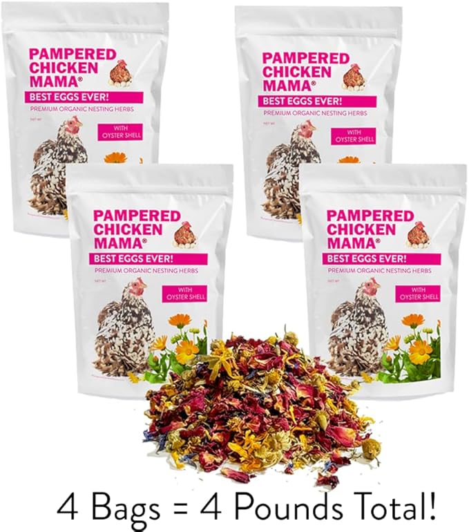 Pampered Chicken Mama Best Eggs Ever! Nesting Herbs for Chickens (4 Pounds) for Chicken Nesting Boxes Calcium Supplement for Chickens | Chicken Feed Supplies, Hen Treats for Coops (4 Bags)-VerdiqueGarden
