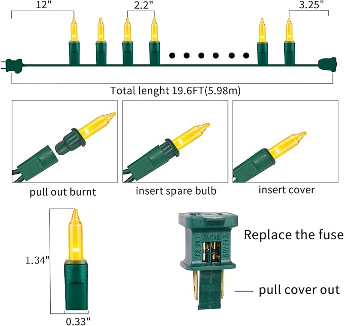 Ultra-Bright Connects End to End Yellow Christmas Mini Lights 100L 19.6Ft UL Listed Incandescent Bulb String Light Set for Indoor Outdoor Holiday Garden Party Christmas Tree Garland Decor-VerdiqueGarden