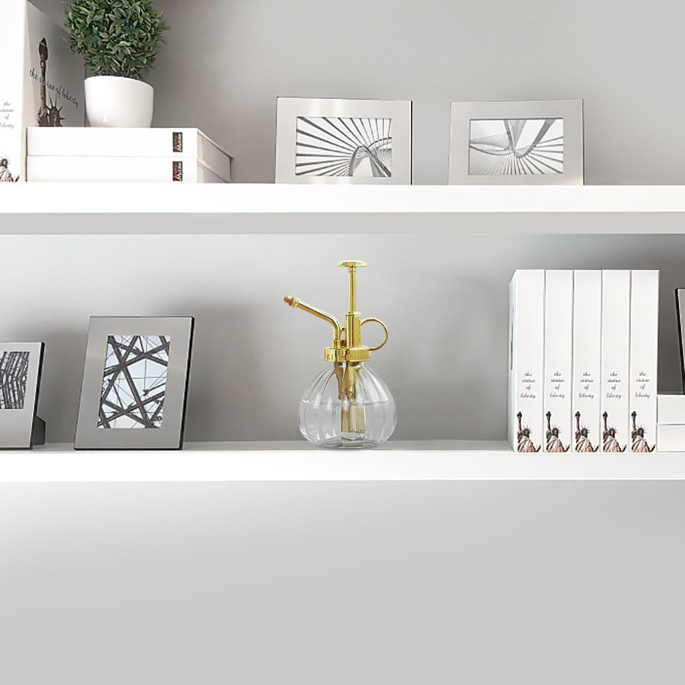 Plant Mister, 6.5" Tall Decorative Glass Water Spray Bottle with Gold Top Pump Small Watering Can by Ebristar - Clear-VerdiqueGarden