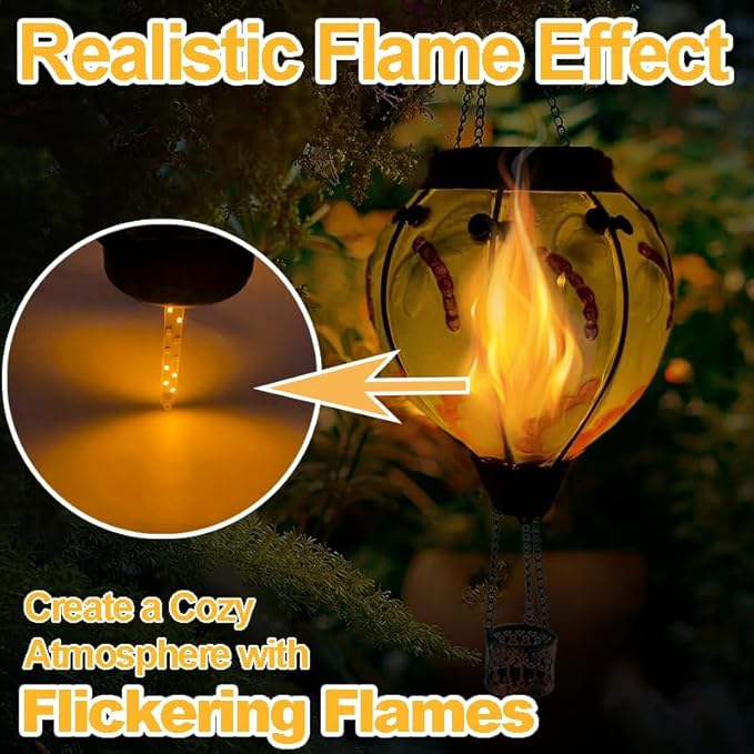 Hot Air Balloon Solar Lantern with Flickering Flame, Glass Hanging Garden Lights Outdoor Waterproof for Tree Yard Patio Mother's Day Gift, 18" H Dragonfly-VerdiqueGarden