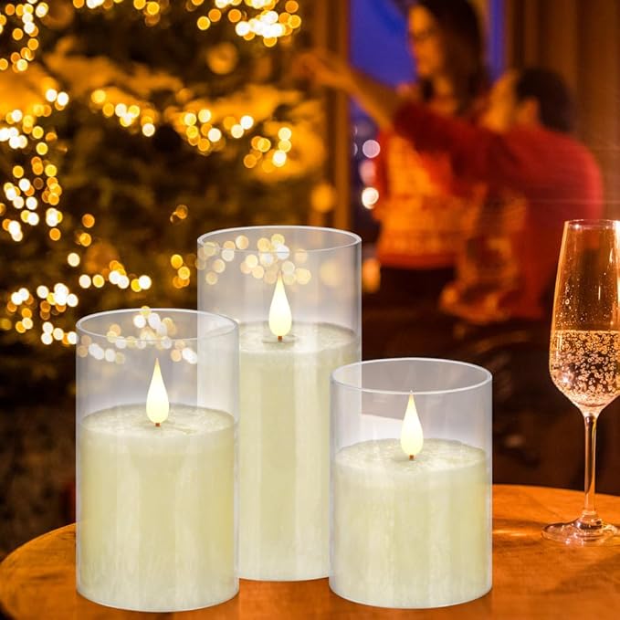 Flameless Flickering Remote Control Candle, Glass Pillar Candle,3 Pack (D:3"×H:4" 5" 6") LED 3D Flame Romantic Candle,Battery Operated Real Wax, Ideal for Wedding, Home Decor Holiday (Ivory)-VerdiqueGarden
