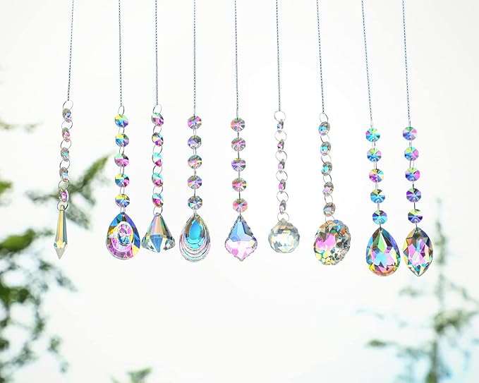 KANPURA 9 PCS Crystal Rainbow Suncatchers, Hanging Crystals Sun Catchers with Chain for Windows, Colorful Suncatcher Prism Pendant Hanging Crystals for Home Wedding Decor-VerdiqueGarden