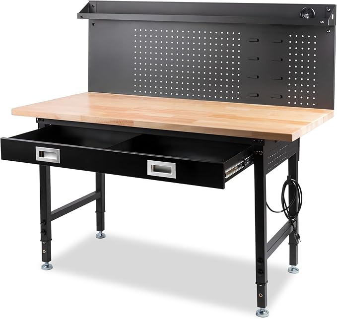 60" Workbench with Drawers, Work Benches for Garage with Strip Light, Adjustable Work Table with Large Pegboard, 2000 LBS Heavy Duty Table with Power Outlet Rubber Wood for Garage, Office-VerdiqueGarden
