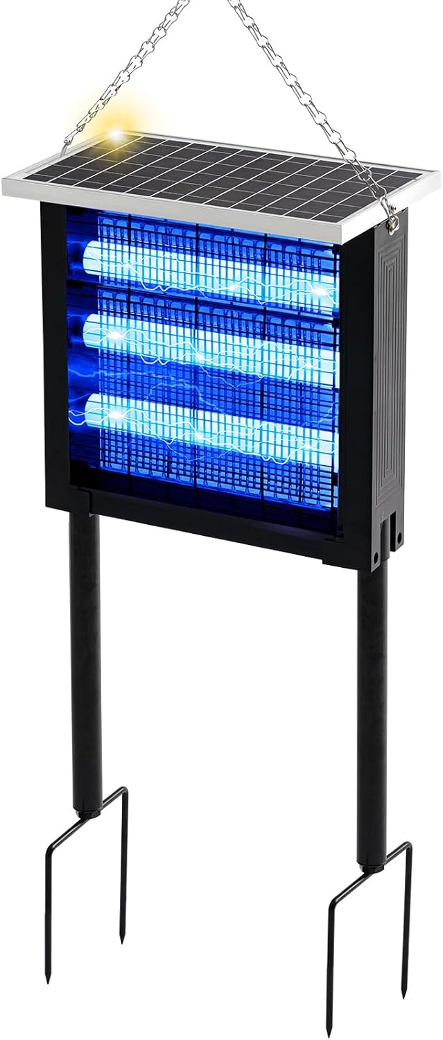 Qualirey 1 Pcs Solar Bug Zapper Outdoor Waterproof Mosquito Zapper with 3000v High Powered Rechargeable Electric Mosquito Killer with Grounding Bracket Fly Insect Trap for Patio Garden-VerdiqueGarden