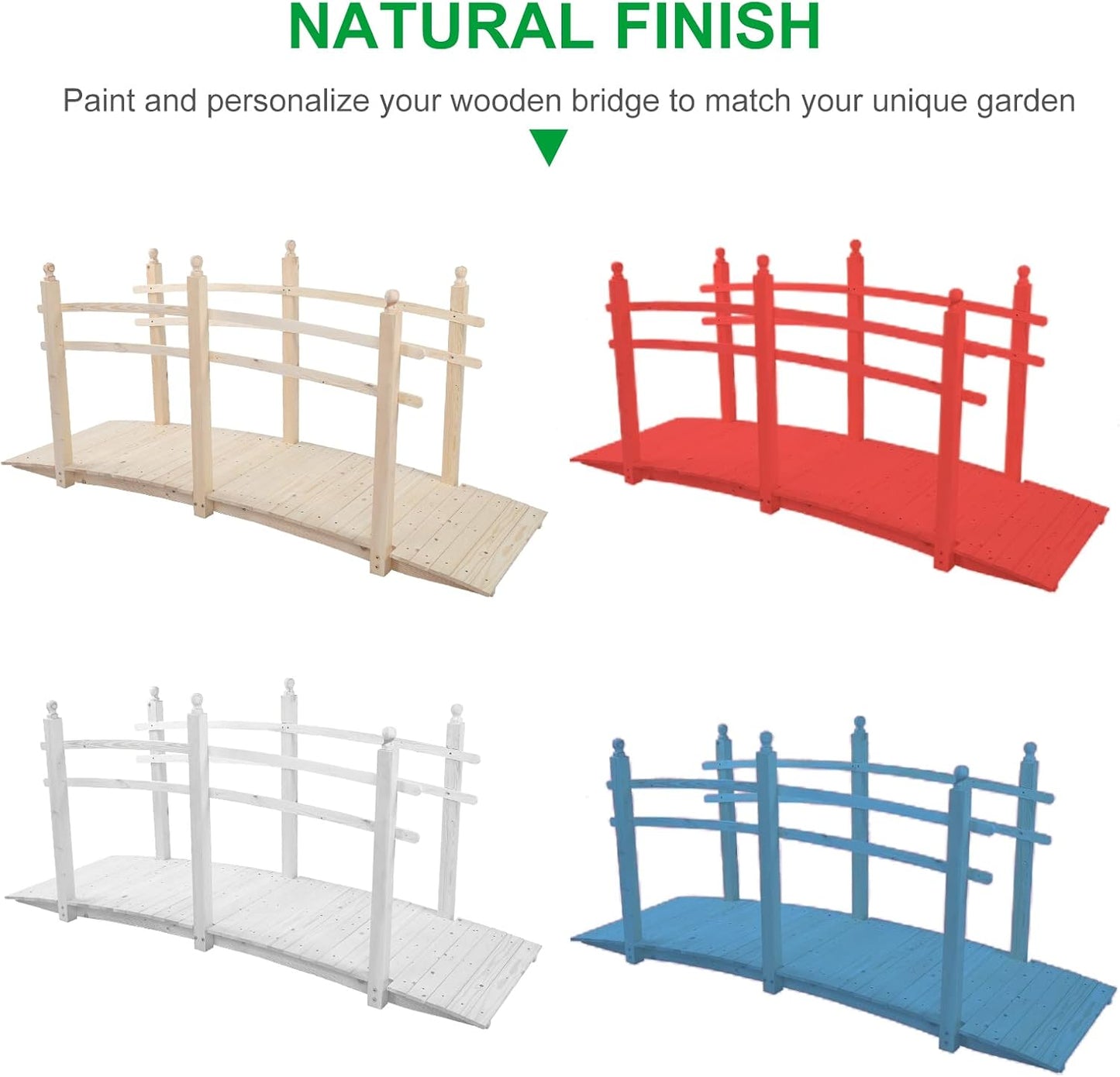 VINGLI 7.5 ft Garden Bridge, Arch Walkway Wooden Bridge with Safety Rails Natural Finished, Decorative Landscaping Footbridge for Koi Pond, Dry Creek Bed, Garden Pathway or Japanese Zen Decor-VerdiqueGarden