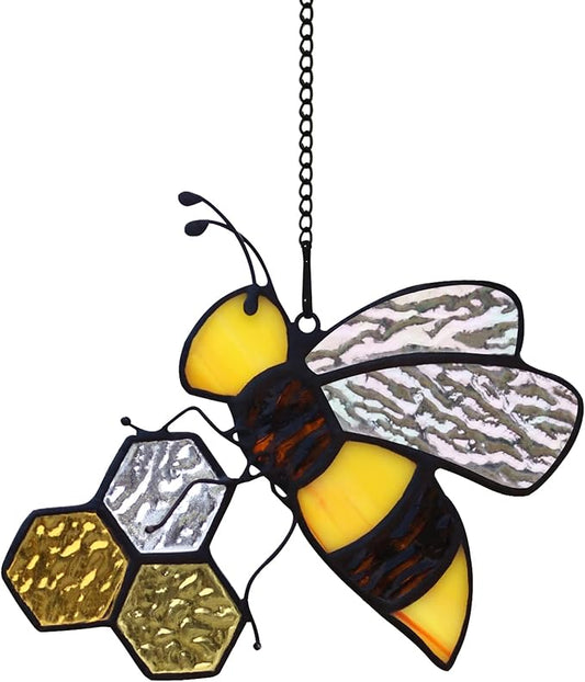 Bee On Honeycomb Stained Glass Window Hangings, Bee Suncatcher Garden Bee Decor Bee Gift for Mom Women-VerdiqueGarden