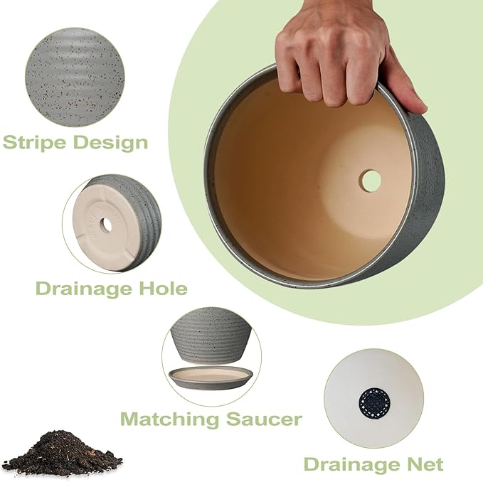 12 Inch Plant Pot, Ceramic Planter Pot with Drainage Hole and Saucer Round Large Flower Pot for Indoor Plants, Light Gray-VerdiqueGarden