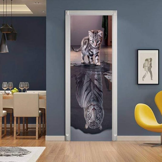 3D Peel and Stick Wall Mural - Cat Becomes Tiger - Self-Adhesive Removable PVC Waterproof Door Poster for Bedroom Living Room 37.4" x 82.7"-VerdiqueGarden
