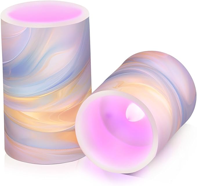 Flickering Flameless Candles, Blue Gold Marble LED Candles with Remote Timer, Set of 2 Battery Operated Candle for Valentine Wedding Birthday-VerdiqueGarden