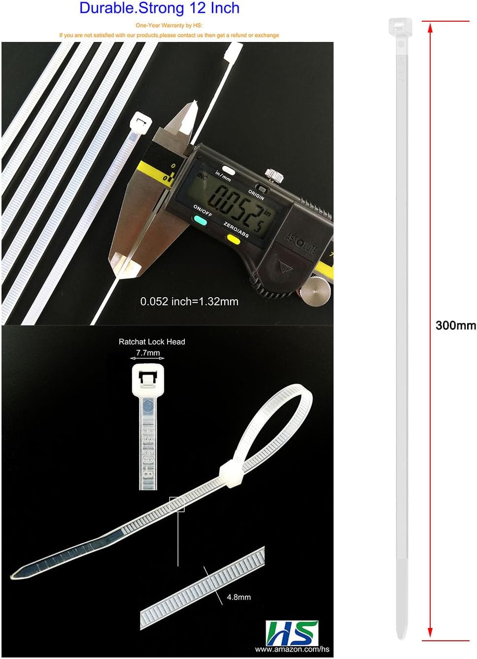 HS White Nylon Cable Ties 12 Inch Zip Ties (1000 Pack) 50 LBS Heavy Duty Clear Zip Ties 12in Plastic Ties Straps for Electrical,Christmas,Weding Fastening-VerdiqueGarden