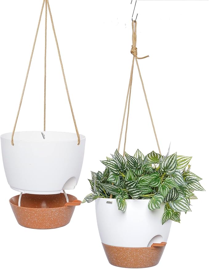 10 Inch Self Watering Hanging Pots, 2 Pack Hanging Planters with 40oZ Deep Reservior for Indoor Outdoor Plants Flowers, White with Brown-VerdiqueGarden