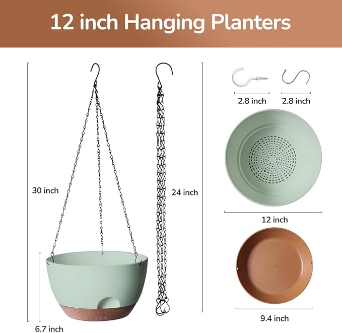 12 Inch Hanging Baskets for Plants Outdoor, Hanging Planters for Indoor Outdoor Plants, Hanging Planter with Self Watering, Hanging Flower Pots (Green)-VerdiqueGarden