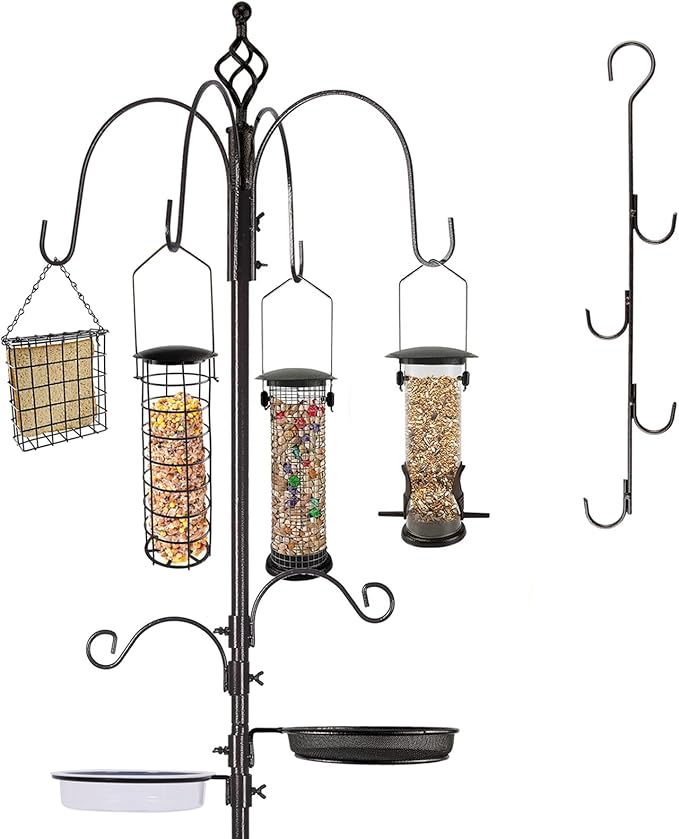 Bird Feeder Station with Suet Cage & Water Bowl Fruit Hook- Adjustable Pole, 6 Hanging Hooks for Wild Birds, Outdoor Garden Bird Feeding Kit-VerdiqueGarden