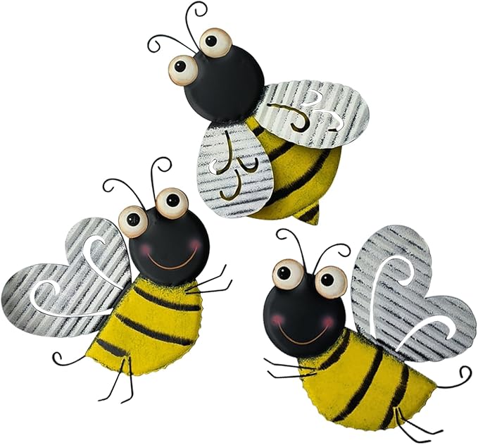 3 Pcs Metal Bee Wall Decor, Cute Bumble Bee Sculpture, Funny Animal Wall Decor - Yellow Bodies, Black Stripes, Large Eyes for Home Office Decor (Bee)-VerdiqueGarden