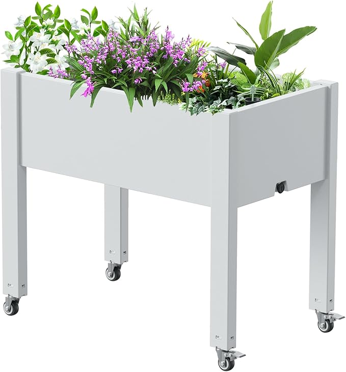 Horticulture Raised Garden Bed with Legs, Divisible Raised Resin Planter Box for Backyard, Patio, Balcony, with 4 Legs, 4 Swivel Lockable Wheels(Ashen,30.04 * 17.72 * 28.9)-VerdiqueGarden