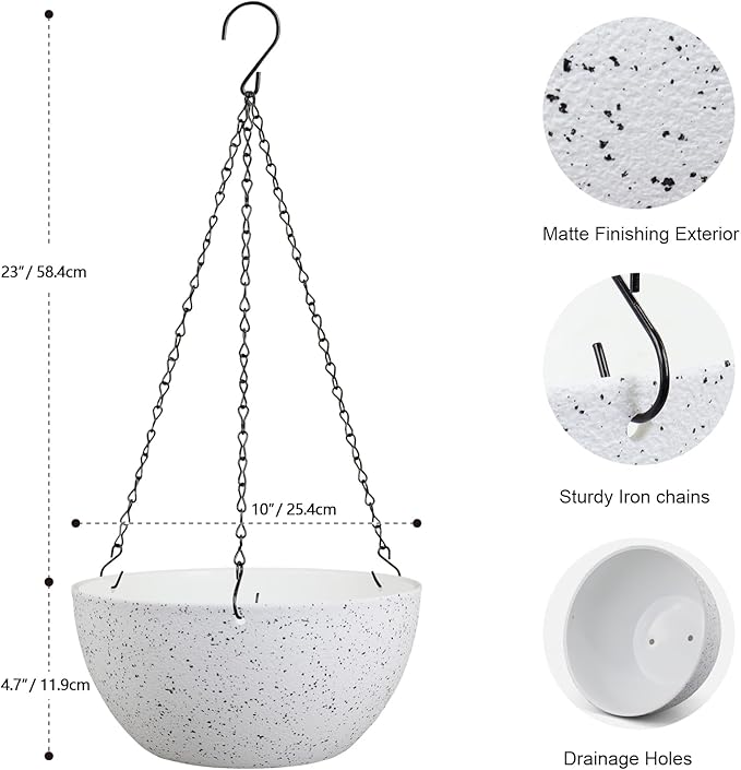 10 inch Hanging Planters for Indoor Outdoor Plants, 2 Pack Hanging Flower Pots with Drainage Holes and Chain for Garden Porch, Plastic Hanging Baskets for House Plants, Speckled White-VerdiqueGarden