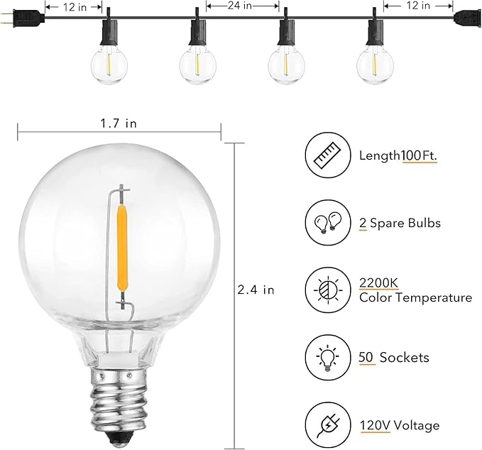 Brightown Outdoor String Lights - 100 FT Patio Lights with 50 LED G40 Globe Plastic Bulbs, All Weatherproof Connectable Commercial Hanging Light for Outside Backyard Porch Cafe-VerdiqueGarden