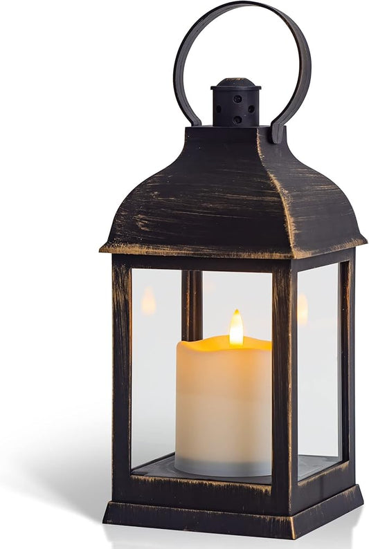 Vintage Lantern Decorative LED Flickering Flameless Candle with Timer, Battery Powered LED Decorative Hanging Golden Brushed Black Lanterns for Indoor Outdoor Garden Yard Home Decor(1 Pack)-VerdiqueGarden