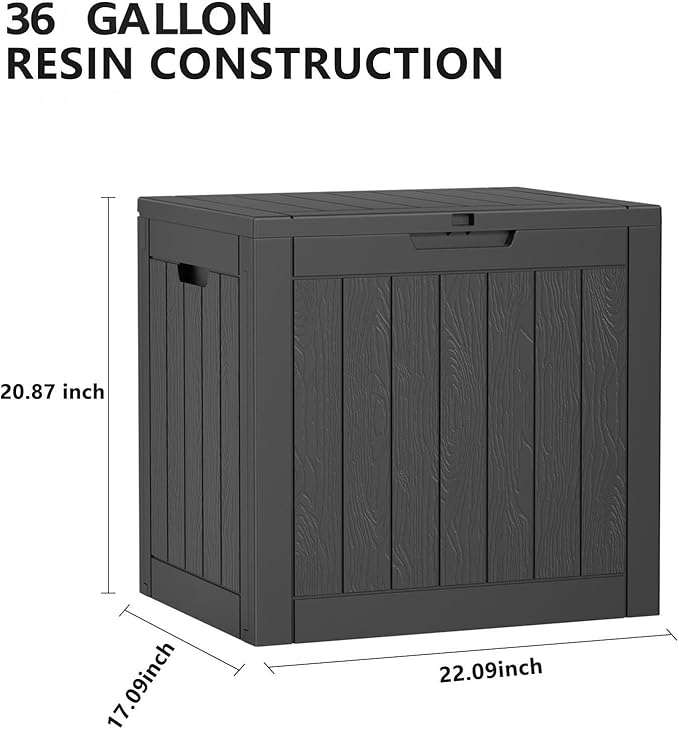 36 Gallon Outdoor Deck Box,Storage Lockable Waterproof Patio Furniture,Garden Tools,Cushions,Pool Accessories Outside Storage Resin Box(Black)-VerdiqueGarden