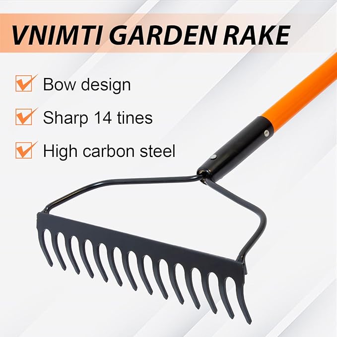 Garden Rake for Gardening, Heavy Duty Garden Rake for Lawns, 14 Tines Bow Rake with Fiberglass Handle, 58 Inches-VerdiqueGarden