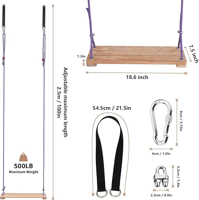 Teak Wood Swing 18.6"x7.6" - Outdoor Wooden Tree Swing Seat for Adults & Kids, Backyard Wood Swings with Height Adjustable Design-VerdiqueGarden