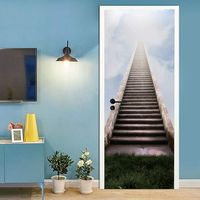 3D Staircase Door Stickers - Peel & Stick - Waterproof & Washable - Matt Finish - Modern Style - White - 37.4" x 78.7" (2 Parts)-VerdiqueGarden