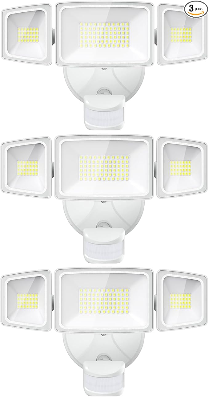 Onforu 3 Pack 65W LED Motion Sensor Outdoor Lights, Security Light Motion Outdoor Flood Light Fixture Detection Detector, 3 Adjustable Heads 6500LM 6500K IP65 Waterproof Exterior Garage Yard (White)-VerdiqueGarden