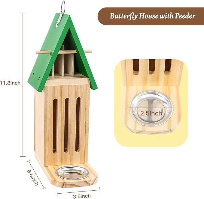 Butterfly House and Feeder for Outside, Wooden Butterfly House for Garden, Natural Butterfly Habitat with Butterfly Puddler on The Floor or Hanging on Tree Wall-VerdiqueGarden