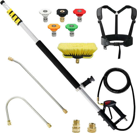 janz Aluminum 24 FT Telescoping Pressure Washer Wand with Pressure Washer Extension Wand,Gutter Cleaner Attachment, 5 Spray Nozzle Tips, 2 Hose Inlet Adapters and Support Harness-VerdiqueGarden
