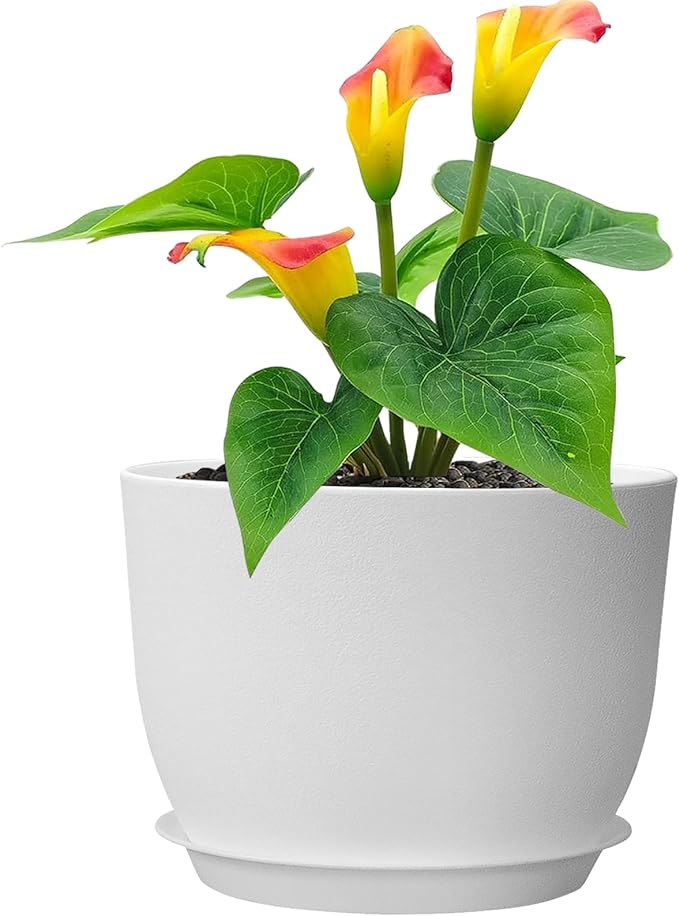 12 inch Large Plant Pots, Plastic Planters with Drainage Holes and Saucers, Flower Pots for Indoor Outdoor Plants, Modern Decorative Pots for Garden House Plants, White-VerdiqueGarden